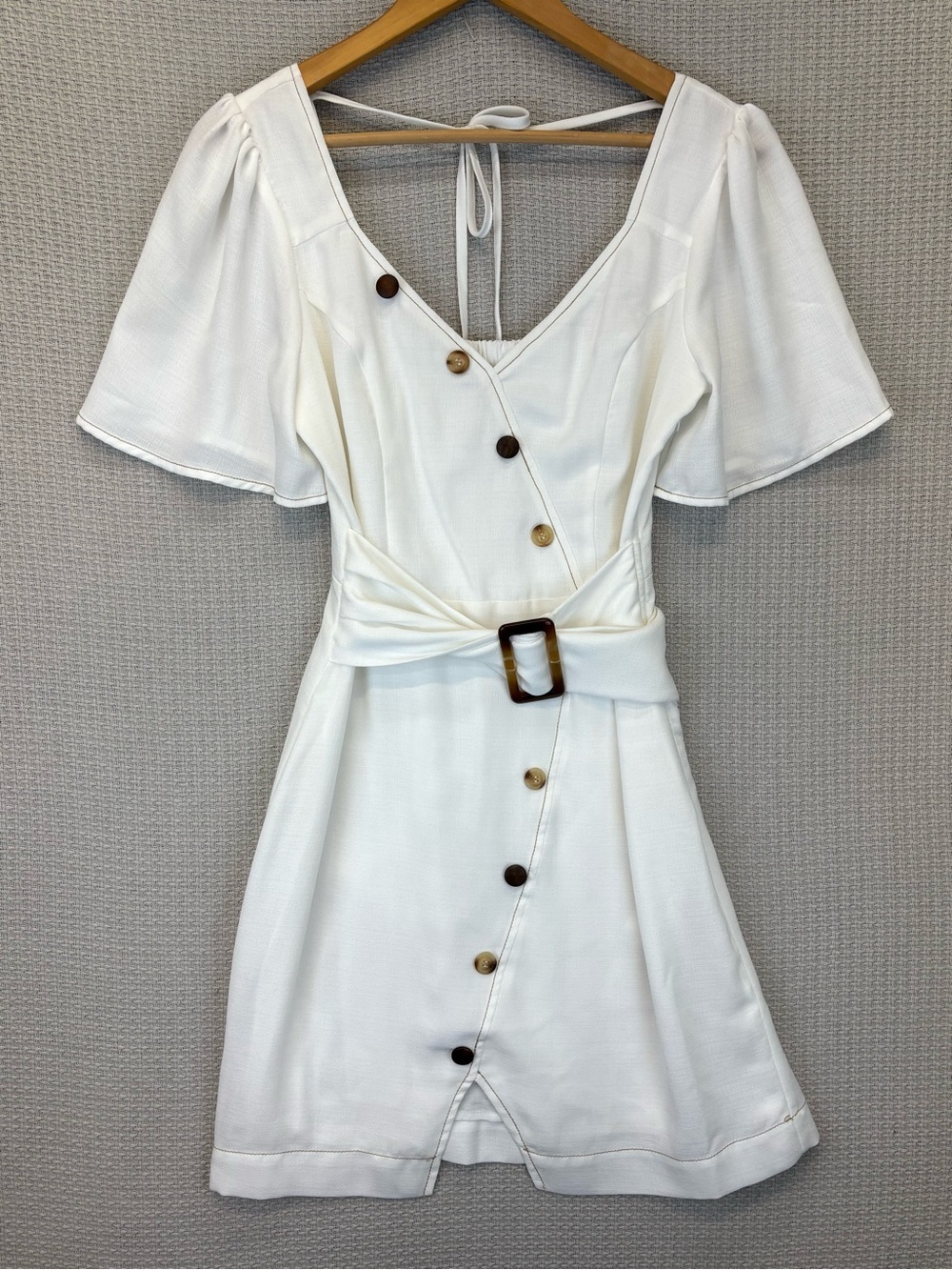 Moon River White Button Front Mini Dress Sz Small Belt Summer Boho Chic Preppy - Picture 2 of 15